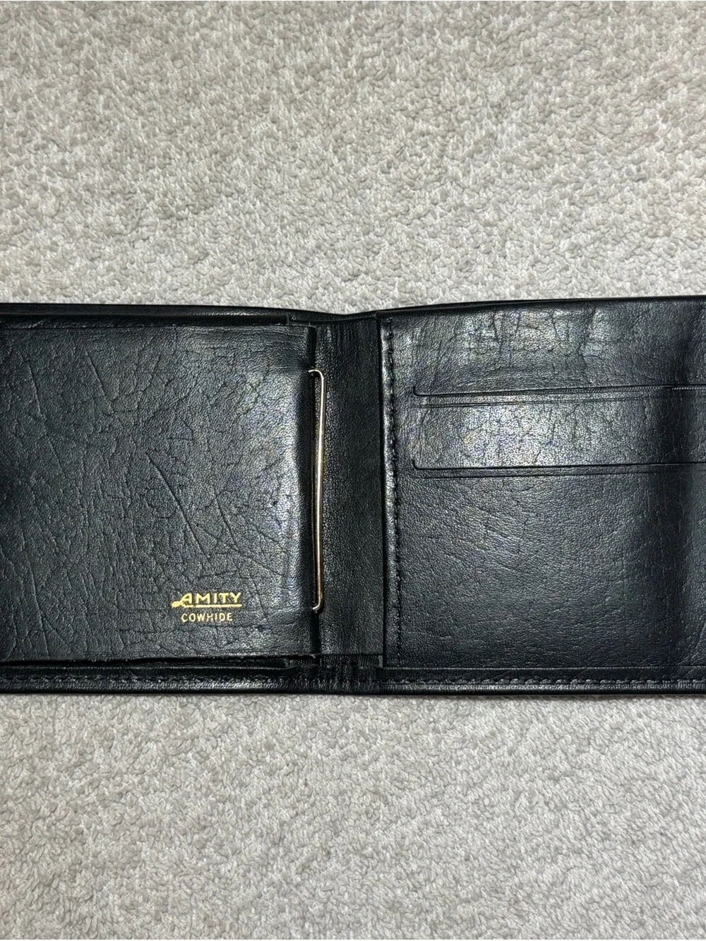 VTG Amity Black Cowhide Leather Money Clip Bifold Wallet Retro Minimalist